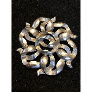 Vintage Silver Tone Large Abstract Round Ribbon Brooch Mid Century